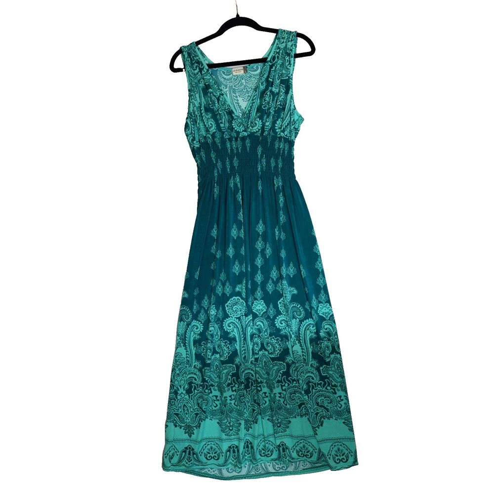 Jon & Anna New York Maxi Dress 2X Plus Sz Teal Green Paisley Sleeveless Smocked